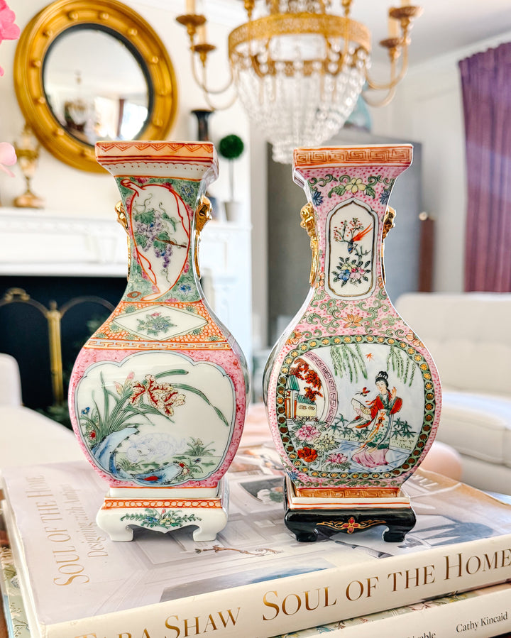 Pair of Vintage Chinese Famille Rose Petite Square Baluster Vases With Removable Stands