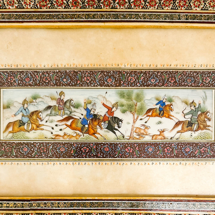 Pair of Vintage Hand-Painted Persian Miniature Paintings in Khatam Frames