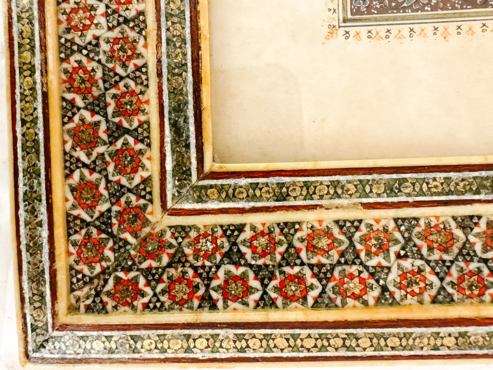 Pair of Vintage Hand-Painted Persian Miniature Paintings in Khatam Frames