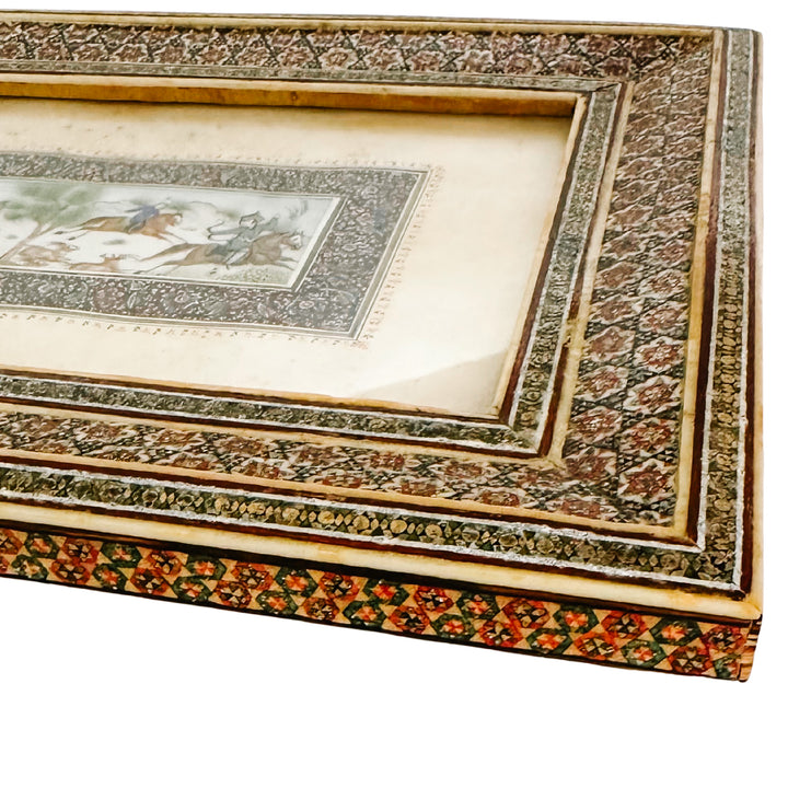 Pair of Vintage Hand-Painted Persian Miniature Paintings in Khatam Frames