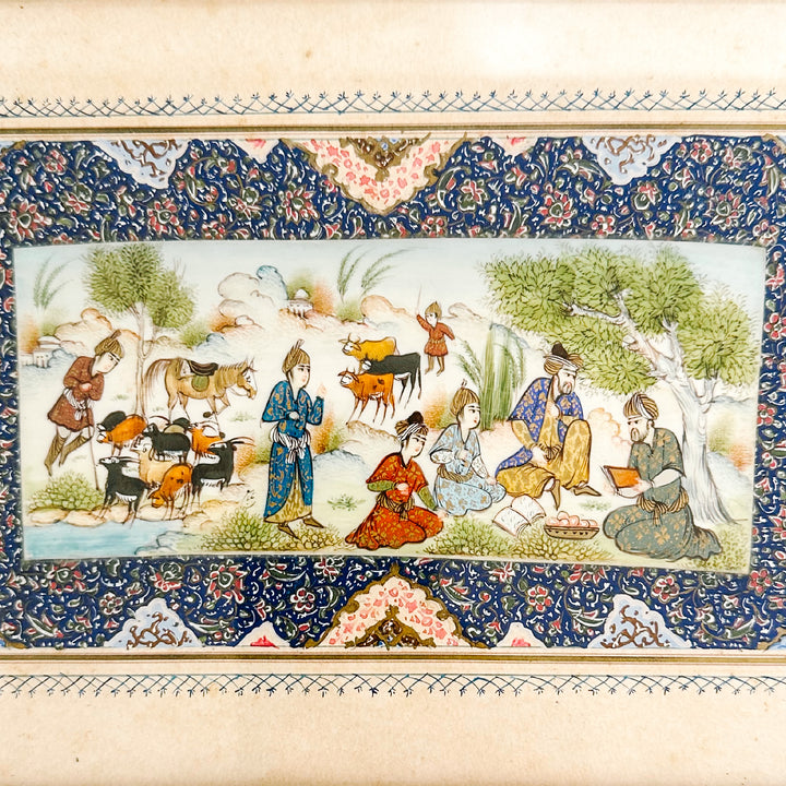 Pair of Vintage Hand-Painted Persian Miniature Paintings in Khatam Frames