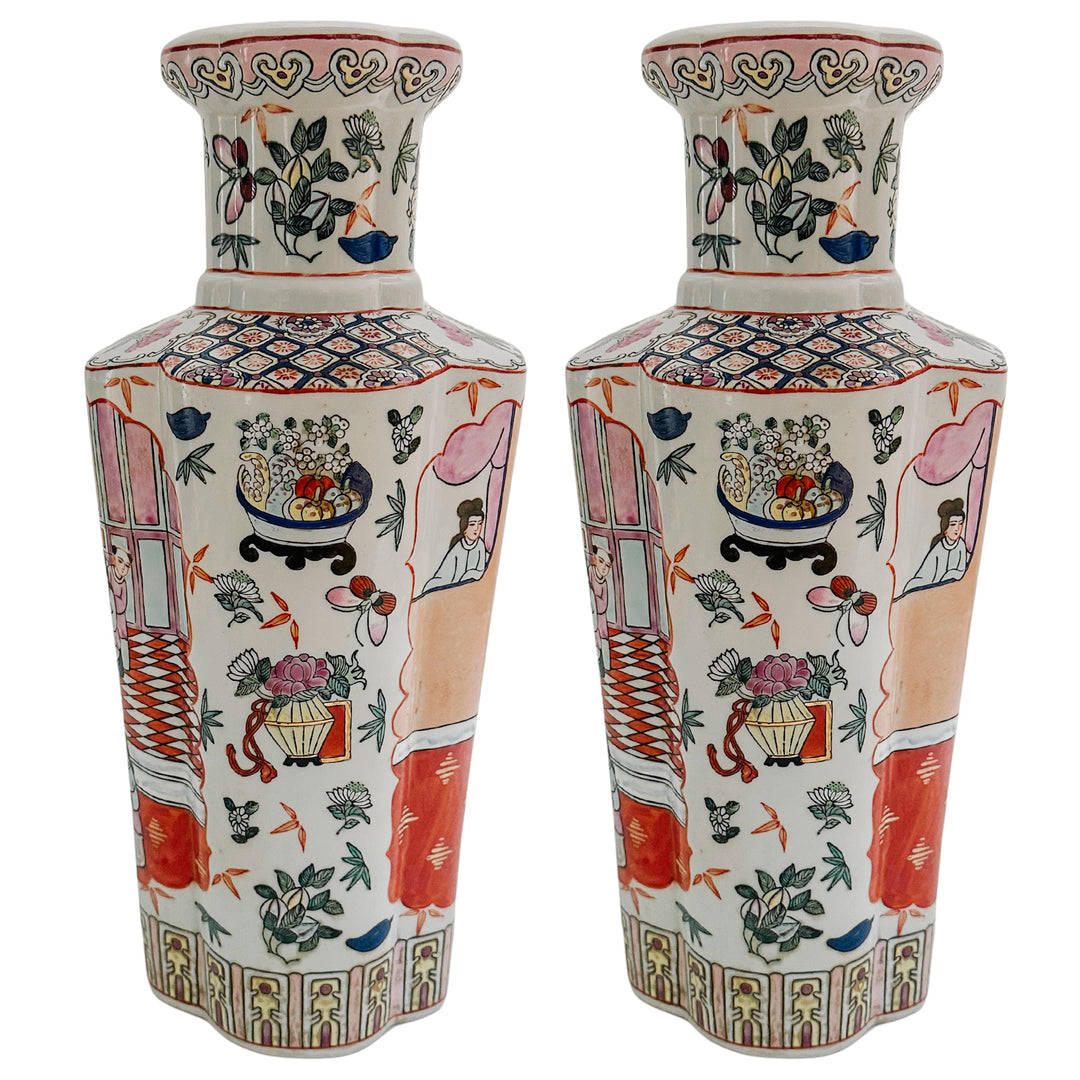 Pair of Vintage Maitland-Smith Rose Medallion Quatrefoil Vases