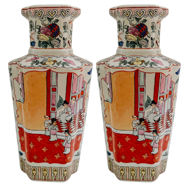 Pair of Vintage Maitland-Smith Rose Medallion Quatrefoil Vases