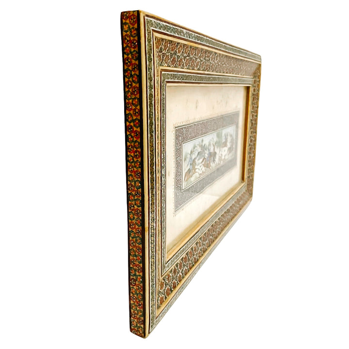 Pair of Vintage Hand-Painted Persian Miniature Paintings in Khatam Frames