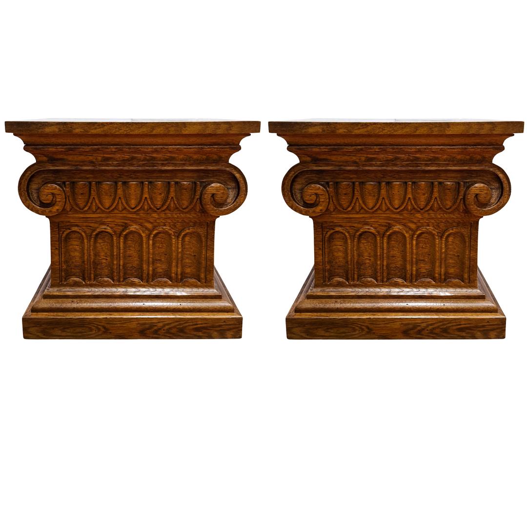 Pair of 1960 Vintage Drexel Guildhall Neoclassical Oak Pedestal End Tables