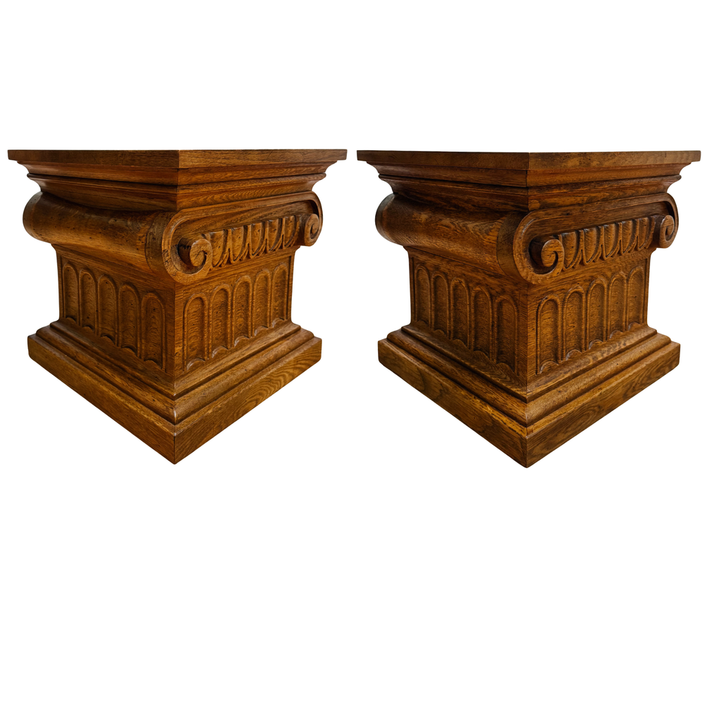 Pair of 1960 Vintage Drexel Guildhall Neoclassical Oak Pedestal End Tables