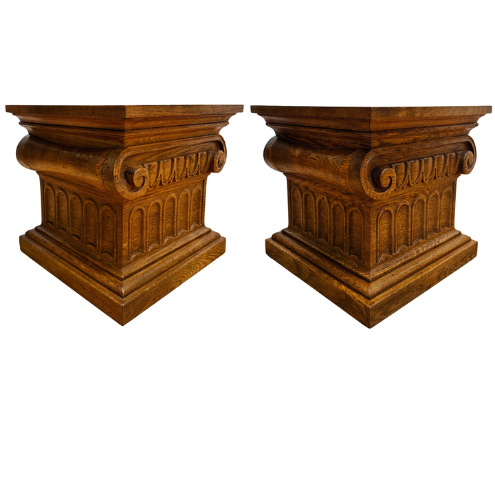 Pair of 1960 Vintage Drexel Guildhall Neoclassical Oak Pedestal End Tables