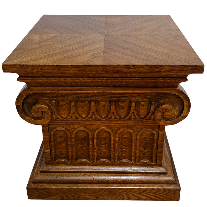 Pair of 1960 Vintage Drexel Guildhall Neoclassical Oak Pedestal End Tables