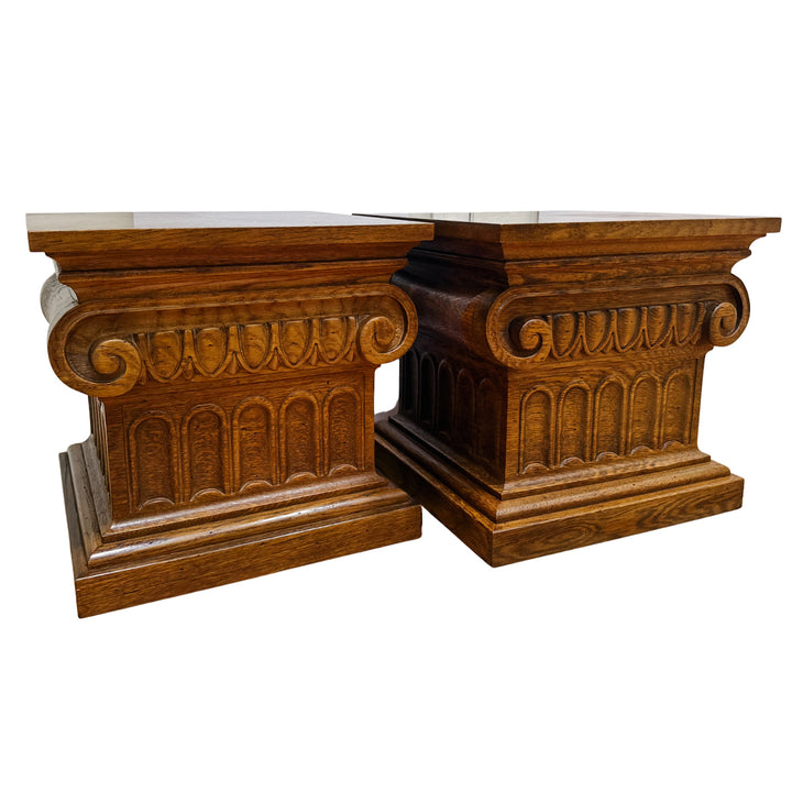 Pair of 1960 Vintage Drexel Guildhall Neoclassical Oak Pedestal End Tables