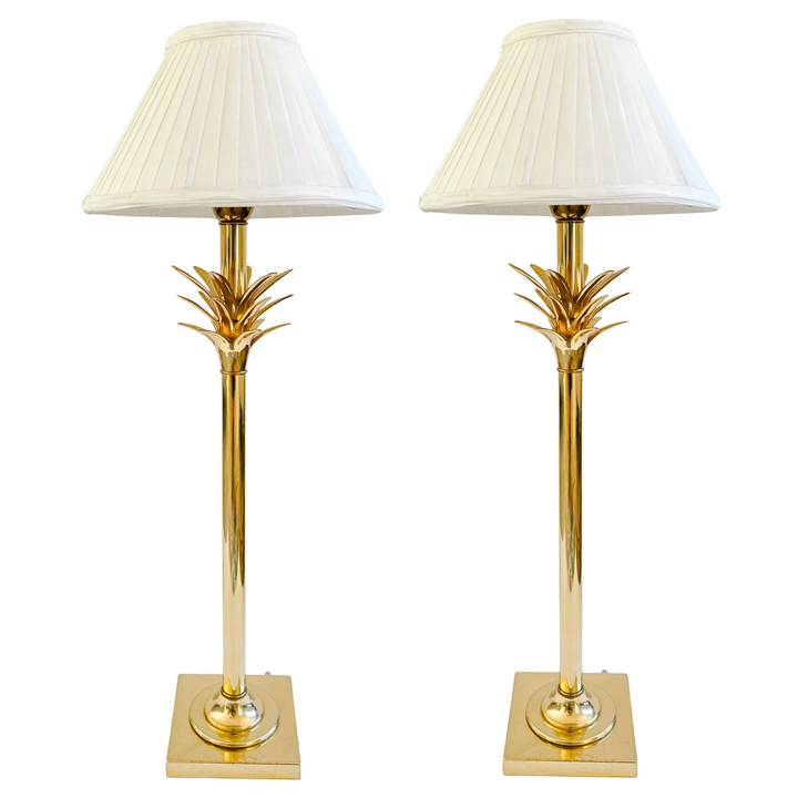 Pair of 1970s Hollywood Regency Style Brass Palm Tree Table Lamps