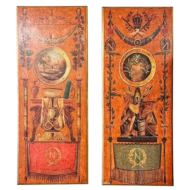 Pair of 1980s Neoclassical French Empire Hand-Painted Wall Panels by Jeanne Reed