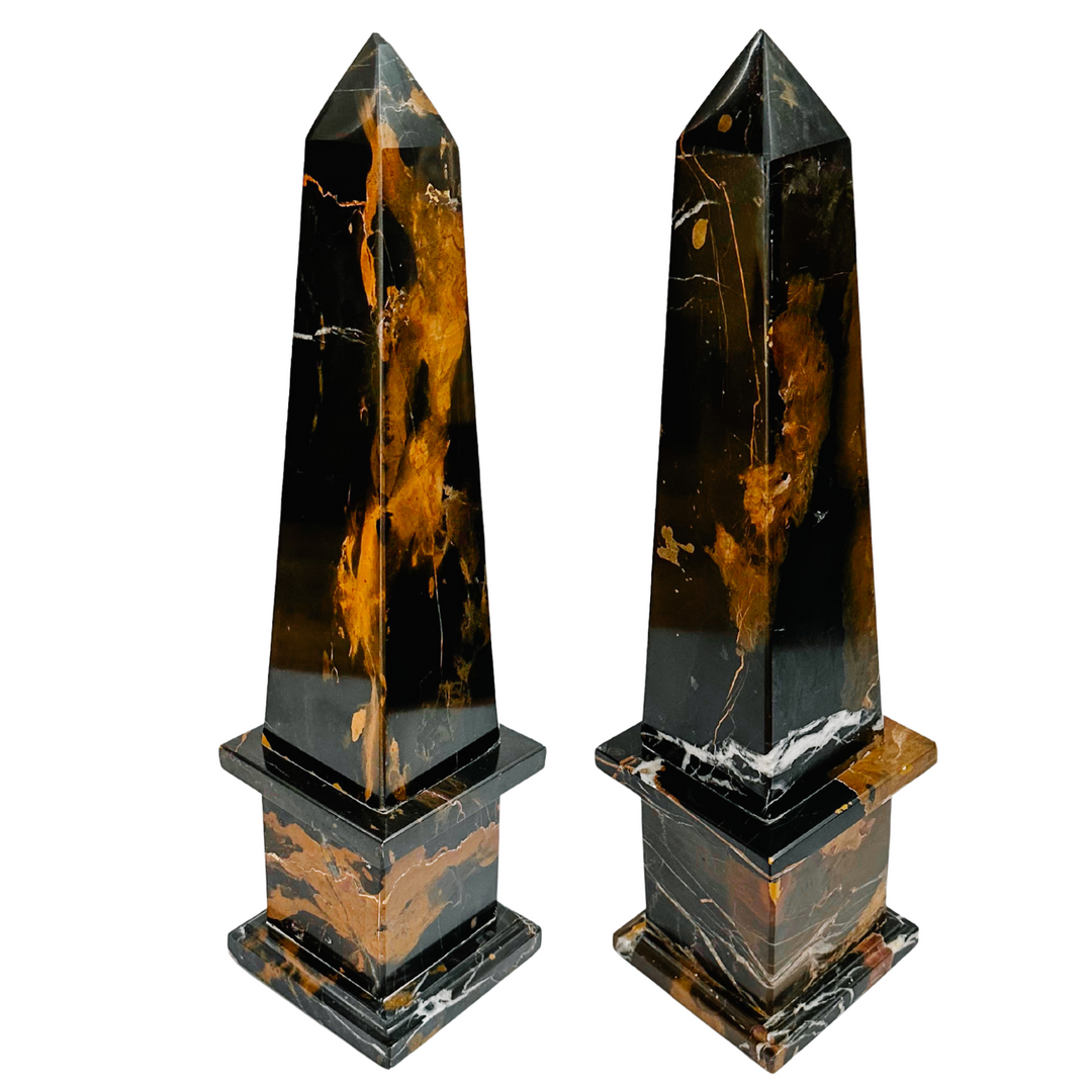 Pair of Black & Brown Solid Marble Obelisks