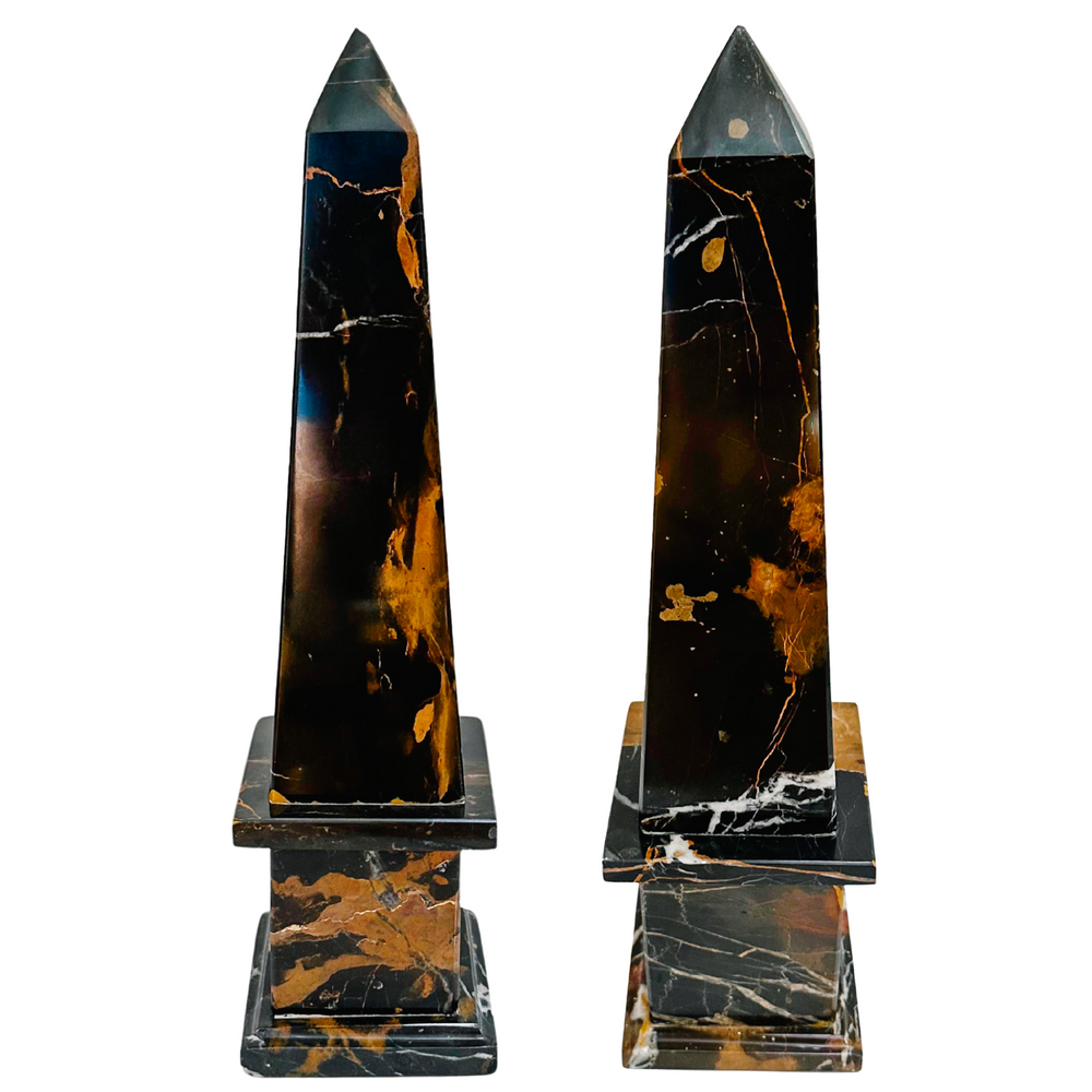 Pair of Black & Brown Solid Marble Obelisks