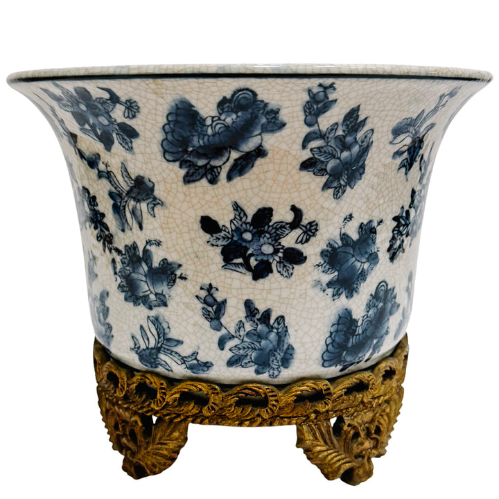 Pair of Blue & White Chinoiserie Planters With Faux Ormolu