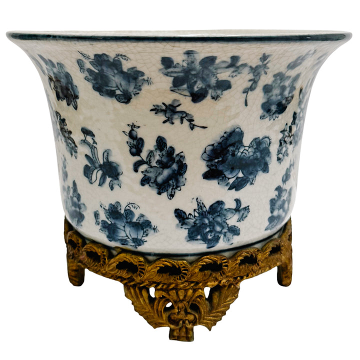 Pair of Blue & White Chinoiserie Planters With Faux Ormolu