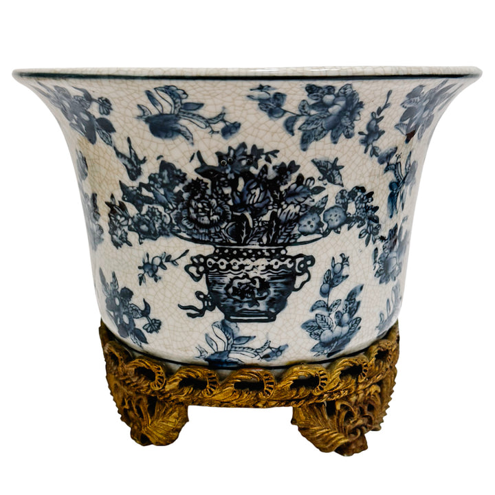 Pair of Blue & White Chinoiserie Planters With Faux Ormolu