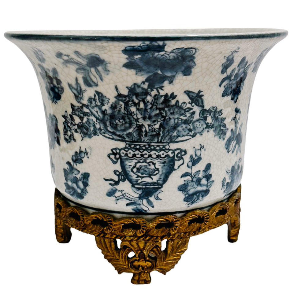 Pair of Blue & White Chinoiserie Planters With Faux Ormolu