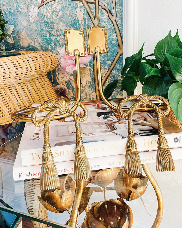 Pair of Brass Bow & Tassels Curtain Tiebacks