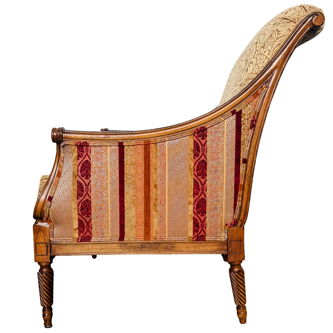 Pair of Drexel Heritage Neoclassical Bergère Chairs in Antique Cherry & Custom Upholstery