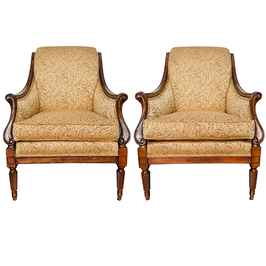 Pair of Drexel Heritage Neoclassical Bergère Chairs in Antique Cherry & Custom Upholstery