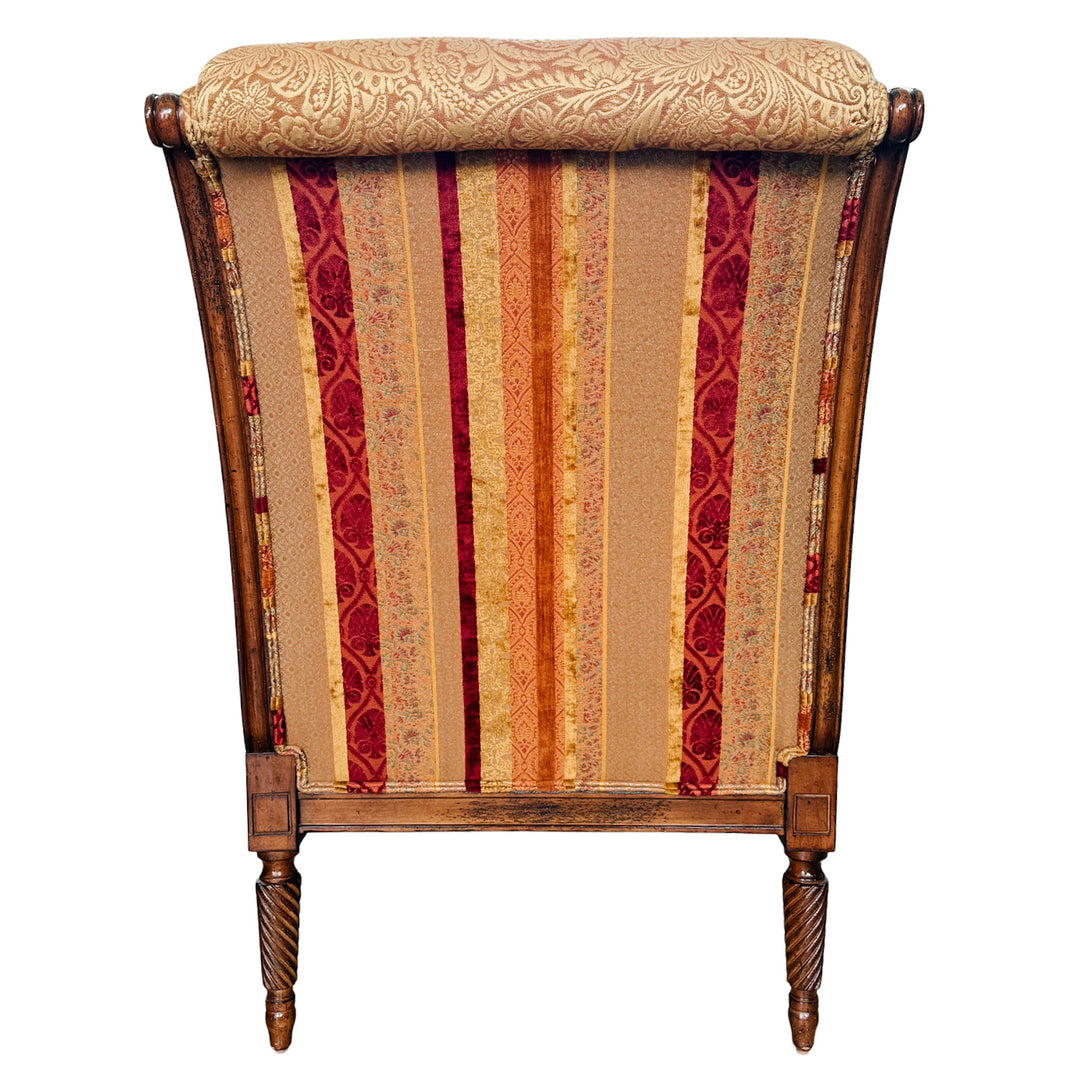 Pair of Drexel Heritage Neoclassical Bergère Chairs in Antique Cherry & Custom Upholstery