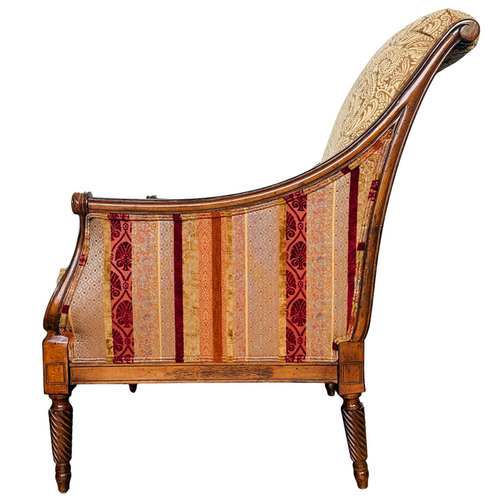 Pair of Drexel Heritage Neoclassical Bergère Chairs in Antique Cherry & Custom Upholstery