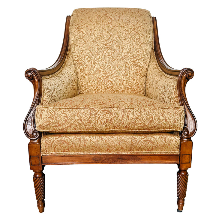 Pair of Drexel Heritage Neoclassical Bergère Chairs in Antique Cherry & Custom Upholstery