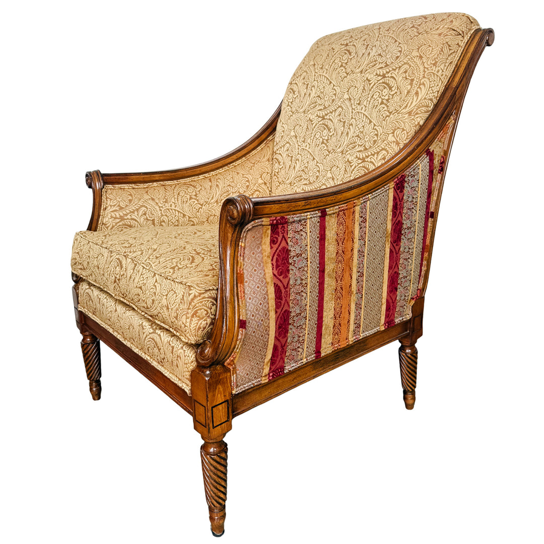 Pair of Drexel Heritage Neoclassical Bergère Chairs in Antique Cherry & Custom Upholstery