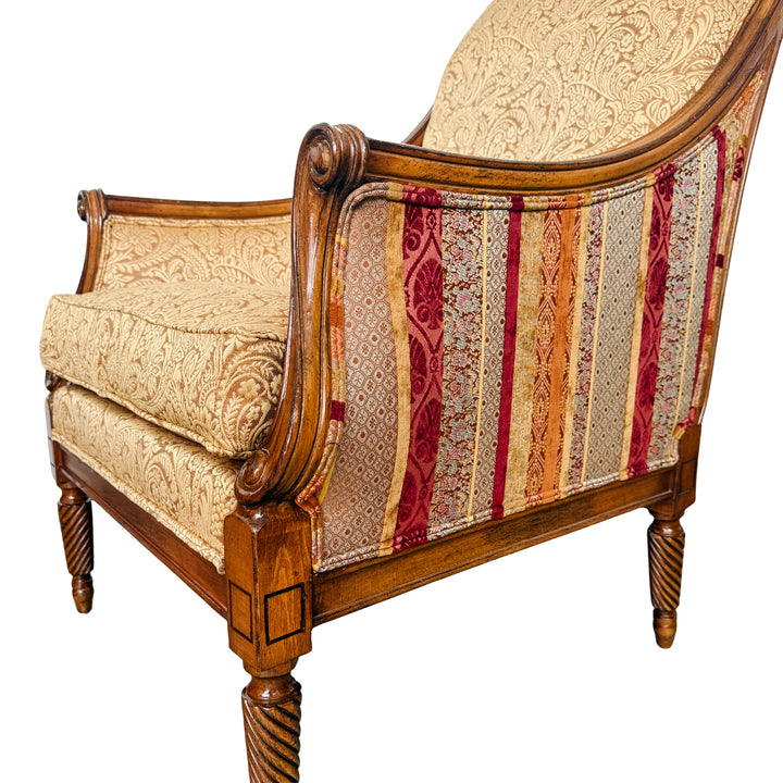 Pair of Drexel Heritage Neoclassical Bergère Chairs in Antique Cherry & Custom Upholstery