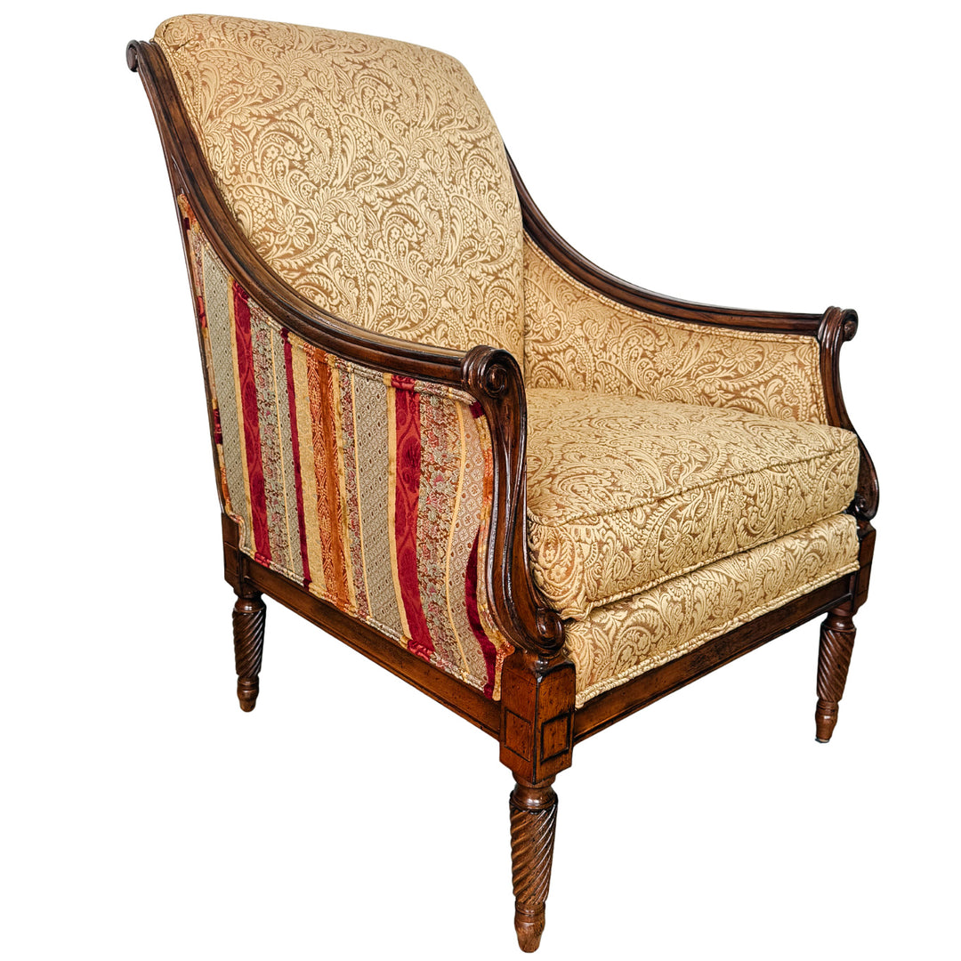 Pair of Drexel Heritage Neoclassical Bergère Chairs in Antique Cherry & Custom Upholstery