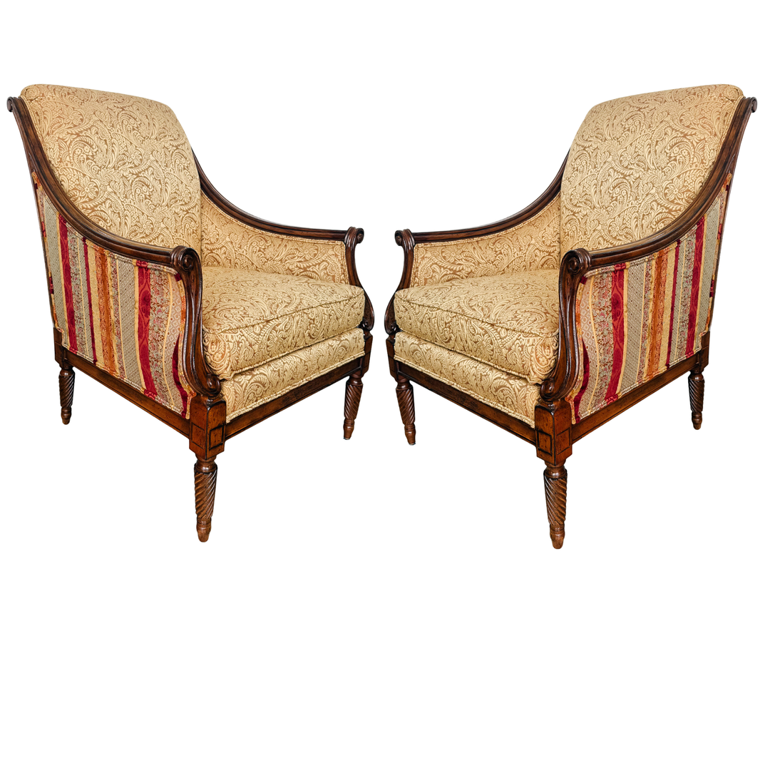 Pair of Drexel Heritage Neoclassical Bergère Chairs in Antique Cherry & Custom Upholstery