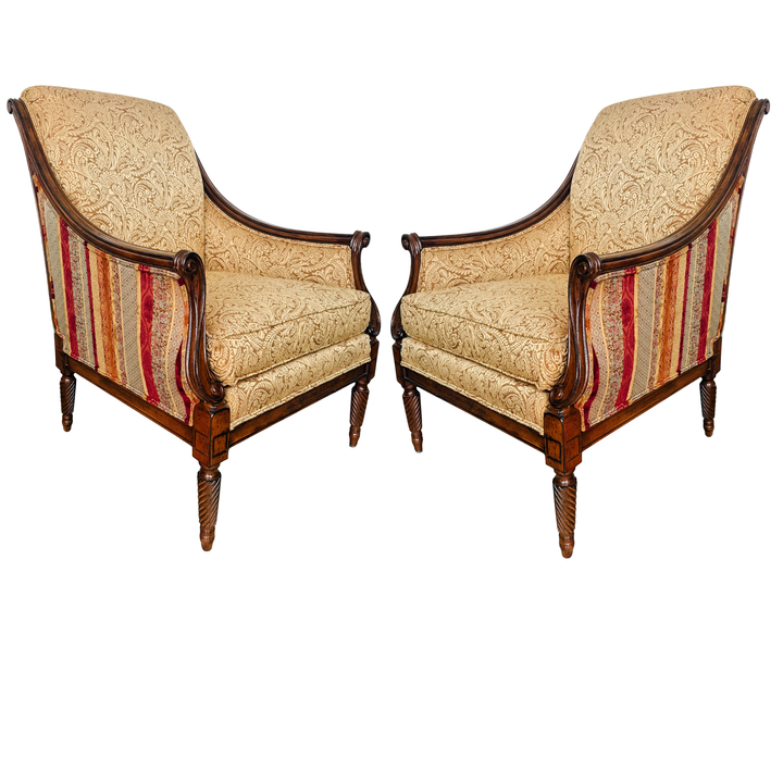 Pair of Drexel Heritage Neoclassical Bergère Chairs in Antique Cherry & Custom Upholstery
