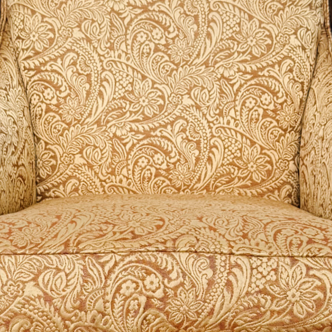 Pair of Drexel Heritage Neoclassical Bergère Chairs in Antique Cherry & Custom Upholstery