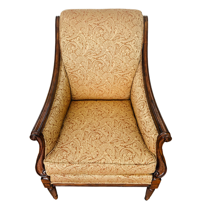 Pair of Drexel Heritage Neoclassical Bergère Chairs in Antique Cherry & Custom Upholstery