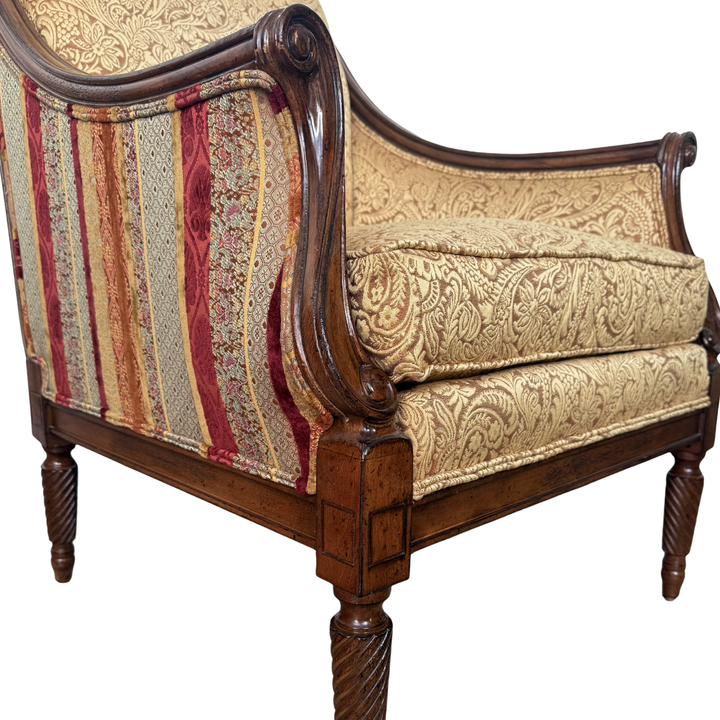 Pair of Drexel Heritage Neoclassical Bergère Chairs in Antique Cherry & Custom Upholstery