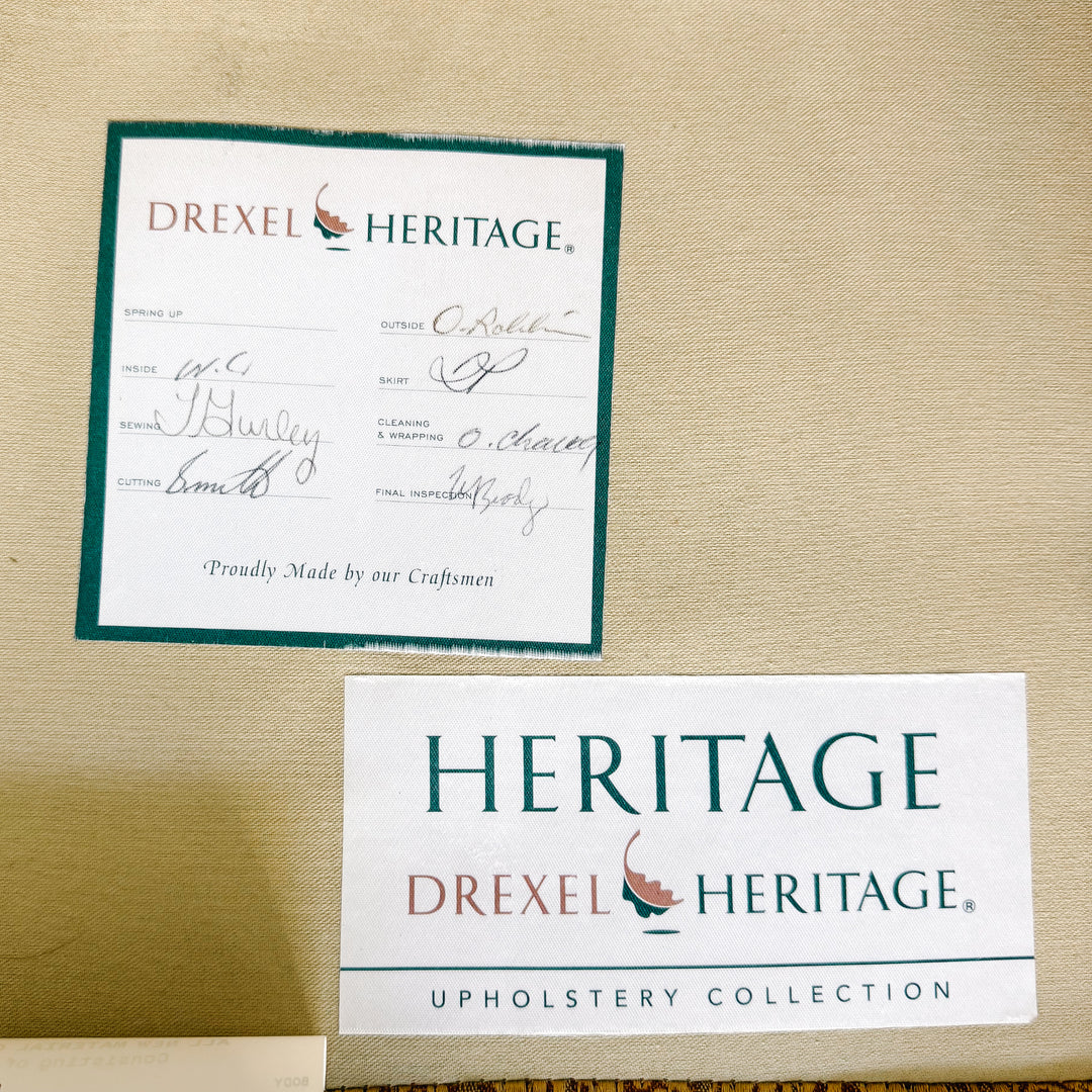 Pair of Drexel Heritage Neoclassical Bergère Chairs in Antique Cherry & Custom Upholstery