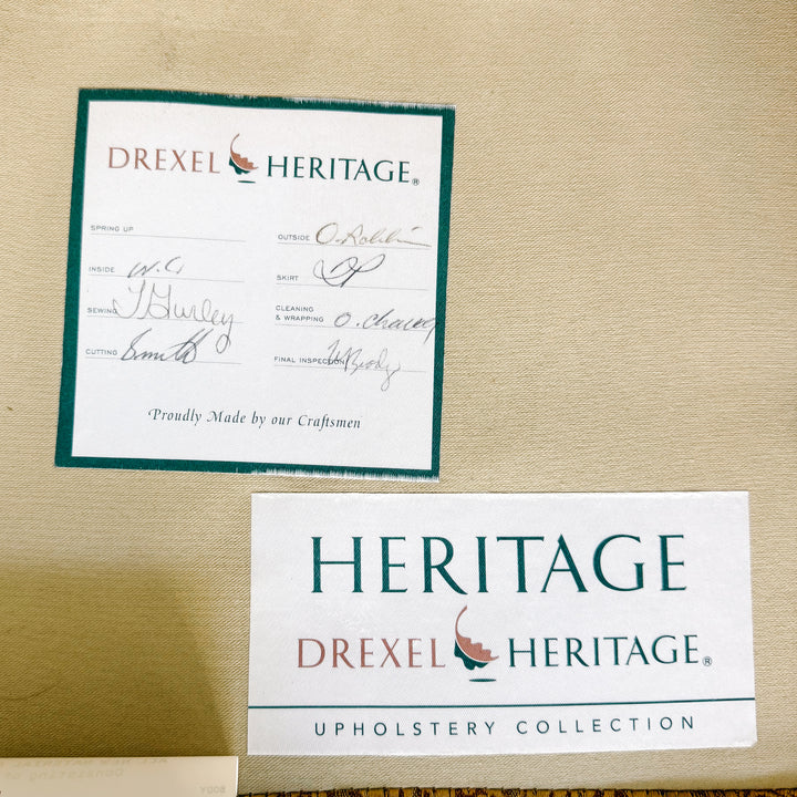 Pair of Drexel Heritage Neoclassical Bergère Chairs in Antique Cherry & Custom Upholstery