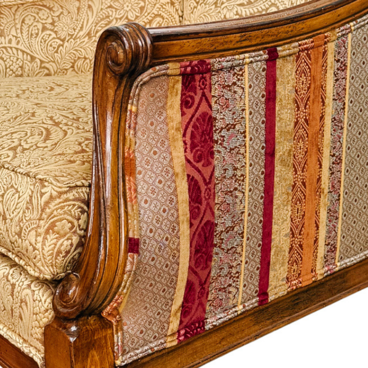 Pair of Drexel Heritage Neoclassical Bergère Chairs in Antique Cherry & Custom Upholstery