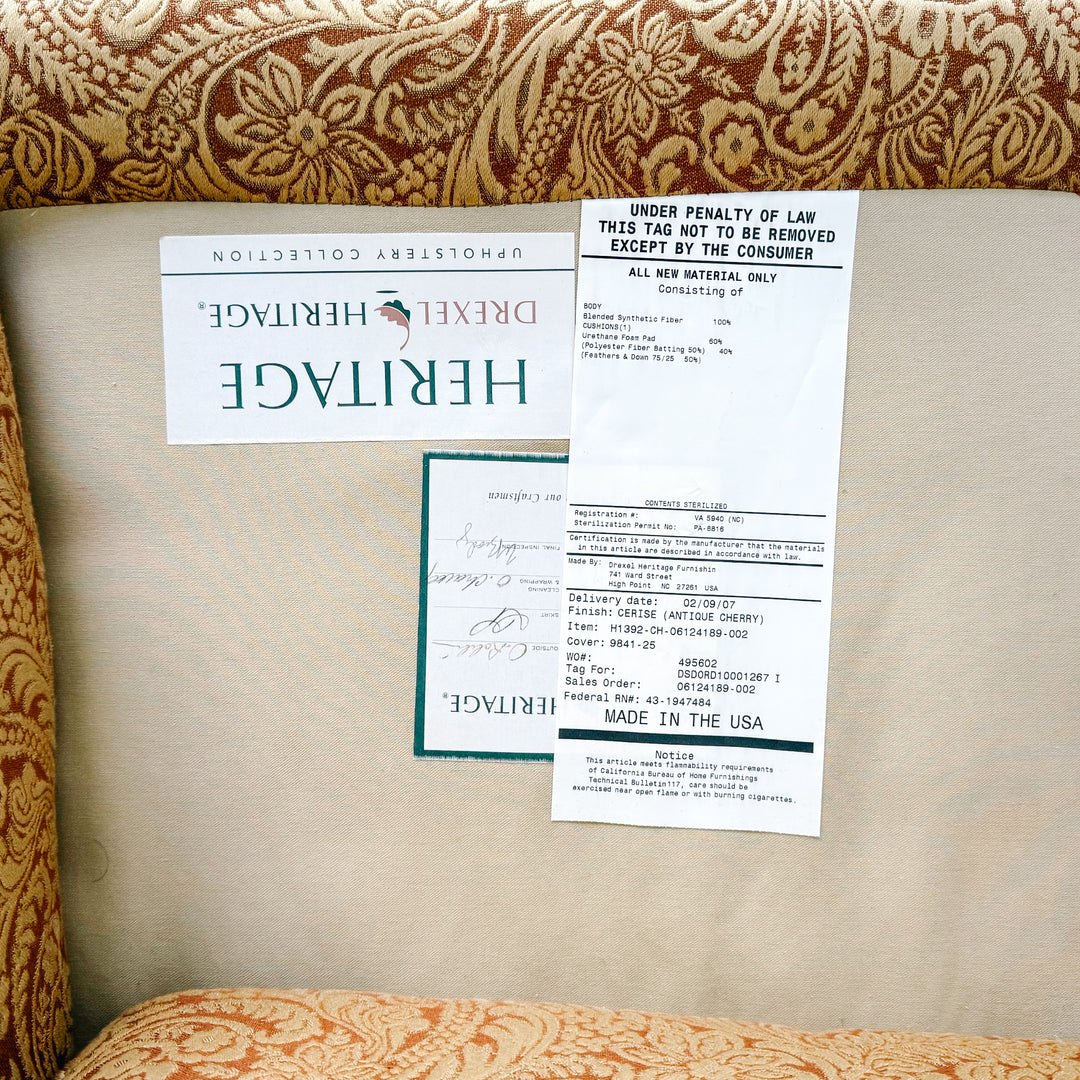 Pair of Drexel Heritage Neoclassical Bergère Chairs in Antique Cherry & Custom Upholstery