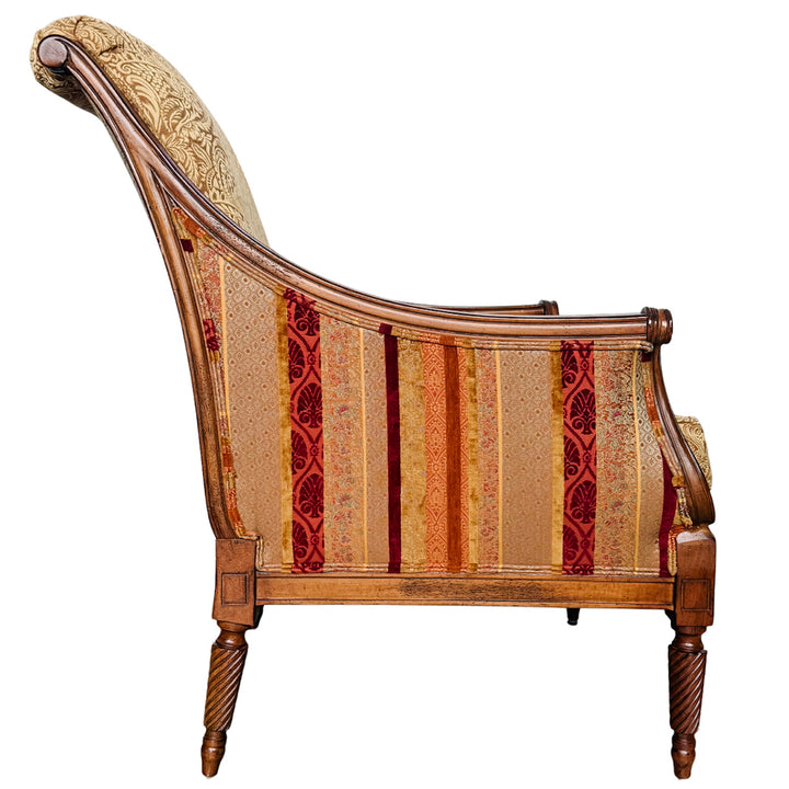 Pair of Drexel Heritage Neoclassical Bergère Chairs in Antique Cherry & Custom Upholstery