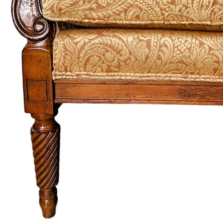 Pair of Drexel Heritage Neoclassical Bergère Chairs in Antique Cherry & Custom Upholstery