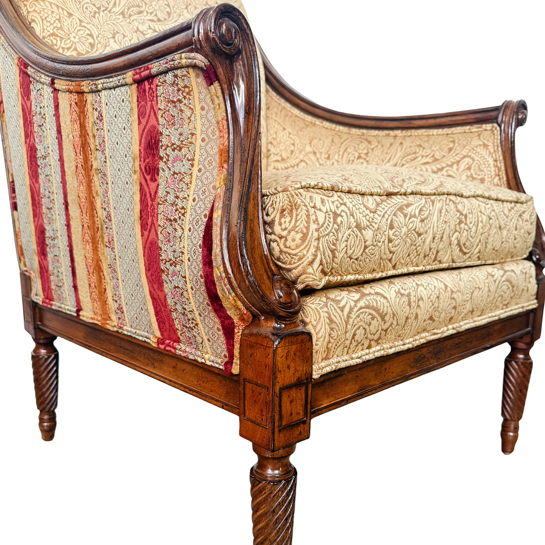 Pair of Drexel Heritage Neoclassical Bergère Chairs in Antique Cherry & Custom Upholstery