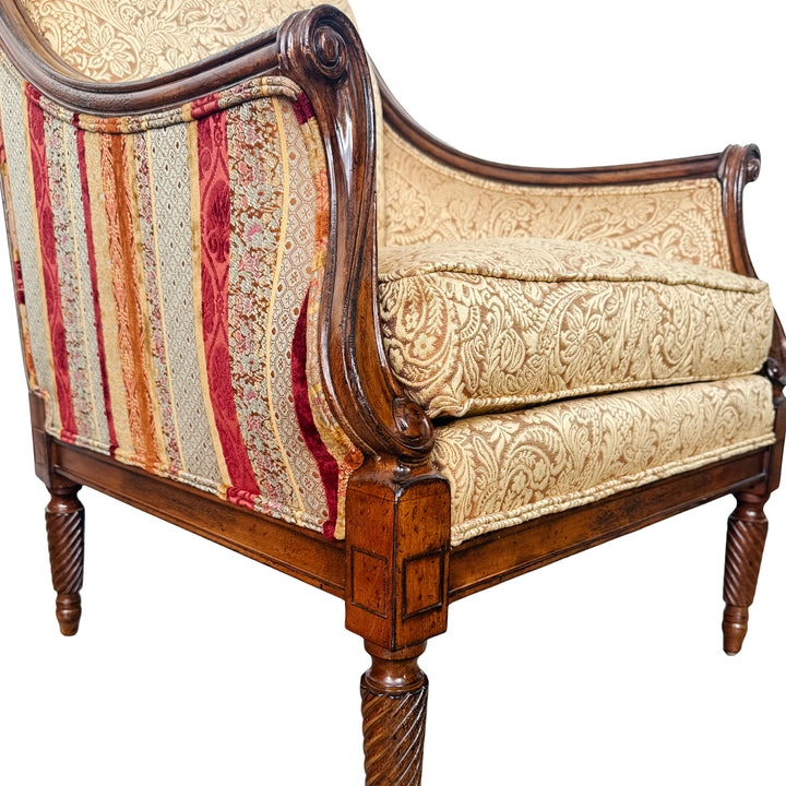 Pair of Drexel Heritage Neoclassical Bergère Chairs in Antique Cherry & Custom Upholstery