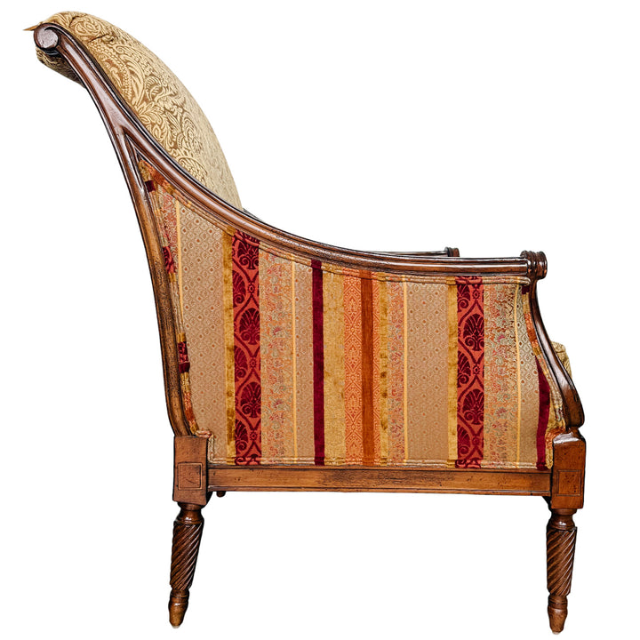 Pair of Drexel Heritage Neoclassical Bergère Chairs in Antique Cherry & Custom Upholstery