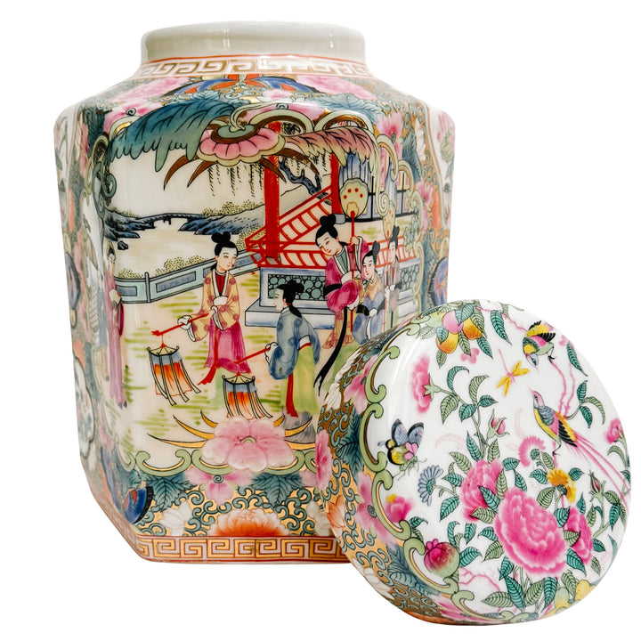 Pair of Famille Rose Medallion Hexagonal Jars
