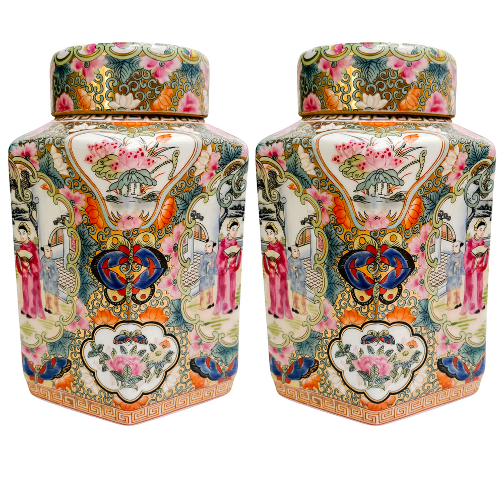 Pair of Famille Rose Medallion Hexagonal Jars