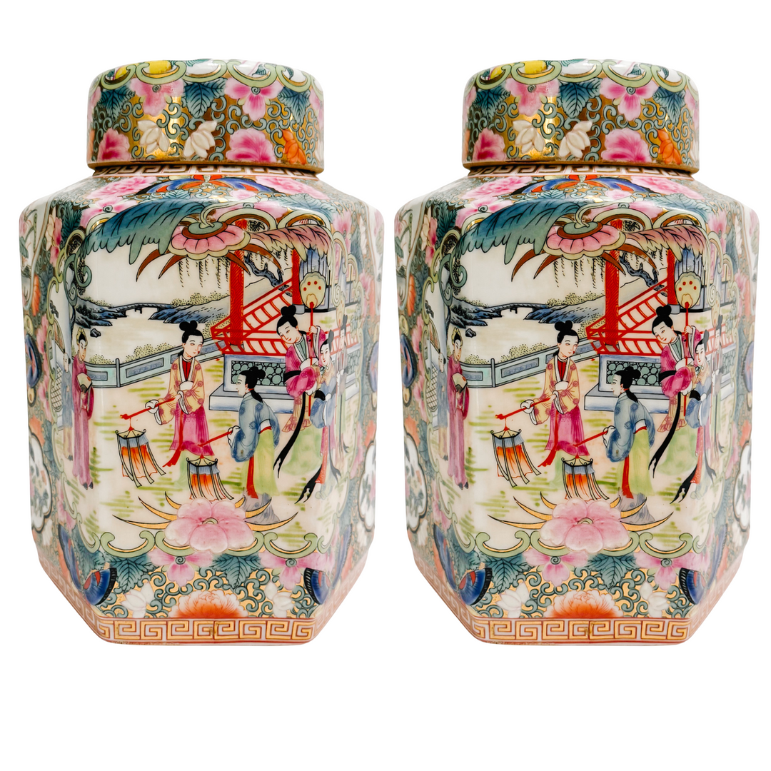 Pair of Famille Rose Medallion Hexagonal Jars