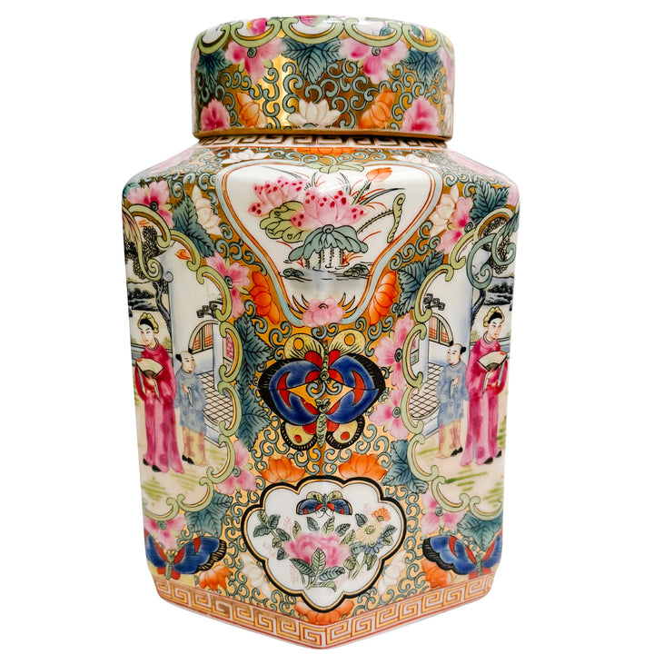 Pair of Famille Rose Medallion Hexagonal Jars
