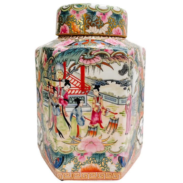 Pair of Famille Rose Medallion Hexagonal Jars