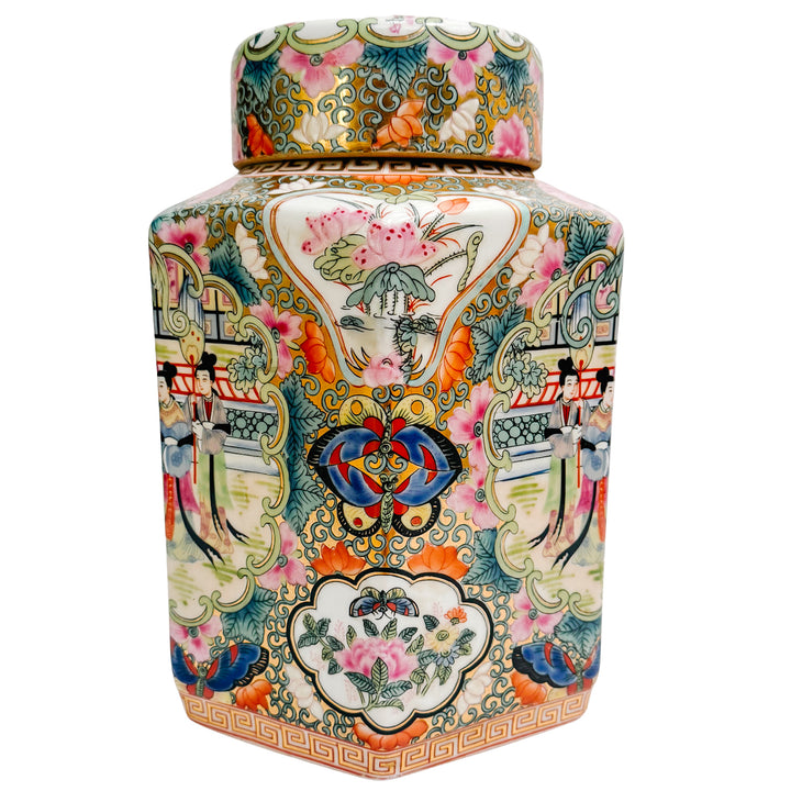 Pair of Famille Rose Medallion Hexagonal Jars